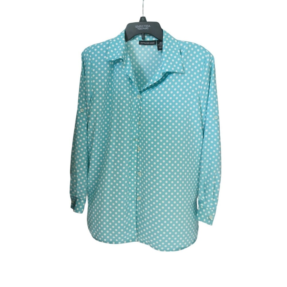 Impressions Blouse Women Size M Polka Dot Blue White Button Up Casual Top
